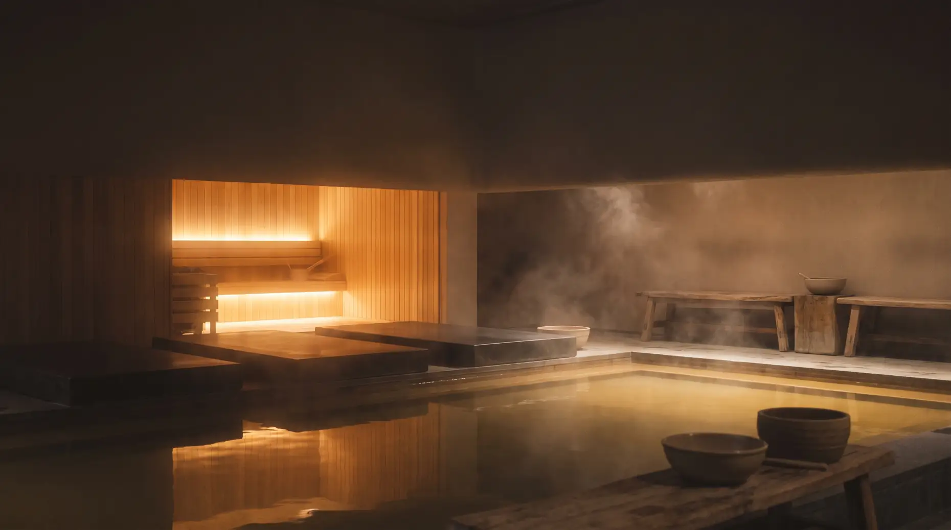 A warm cedar sauna glowing in soft amber light at Spa Light